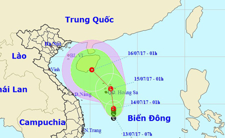 Vị trí và hướng di chuyển của vùng áp thấp nhiệt đới.